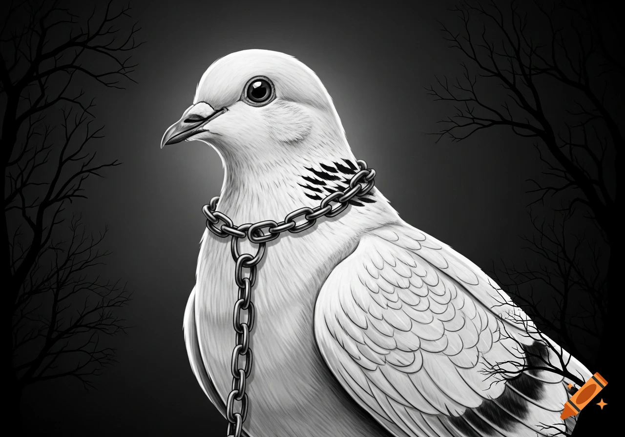 Black and white illustration of a white dove with a metal chain around its neck, against a dark background with silhouetted bare trees.
