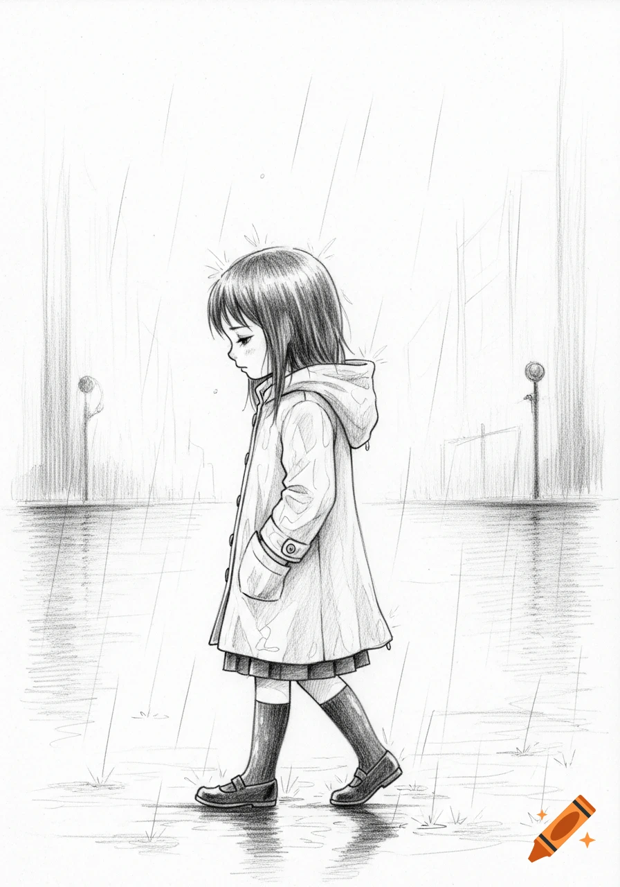 A sad young girl in a hooded coat walks in the rain, depicted in a gloomy side-profile pencil sketch.