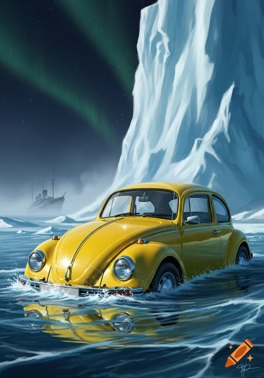 A yellow Volkswagen Beetle floats in icy water near a large iceberg, with a distant ship and green aurora borealis in the night sky. Stylized art.