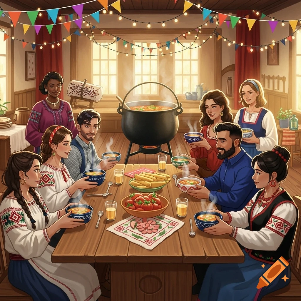 Eight people in traditional attire share soup at a festive table with a large pot and colorful decorations in a warm, illustrated setting.