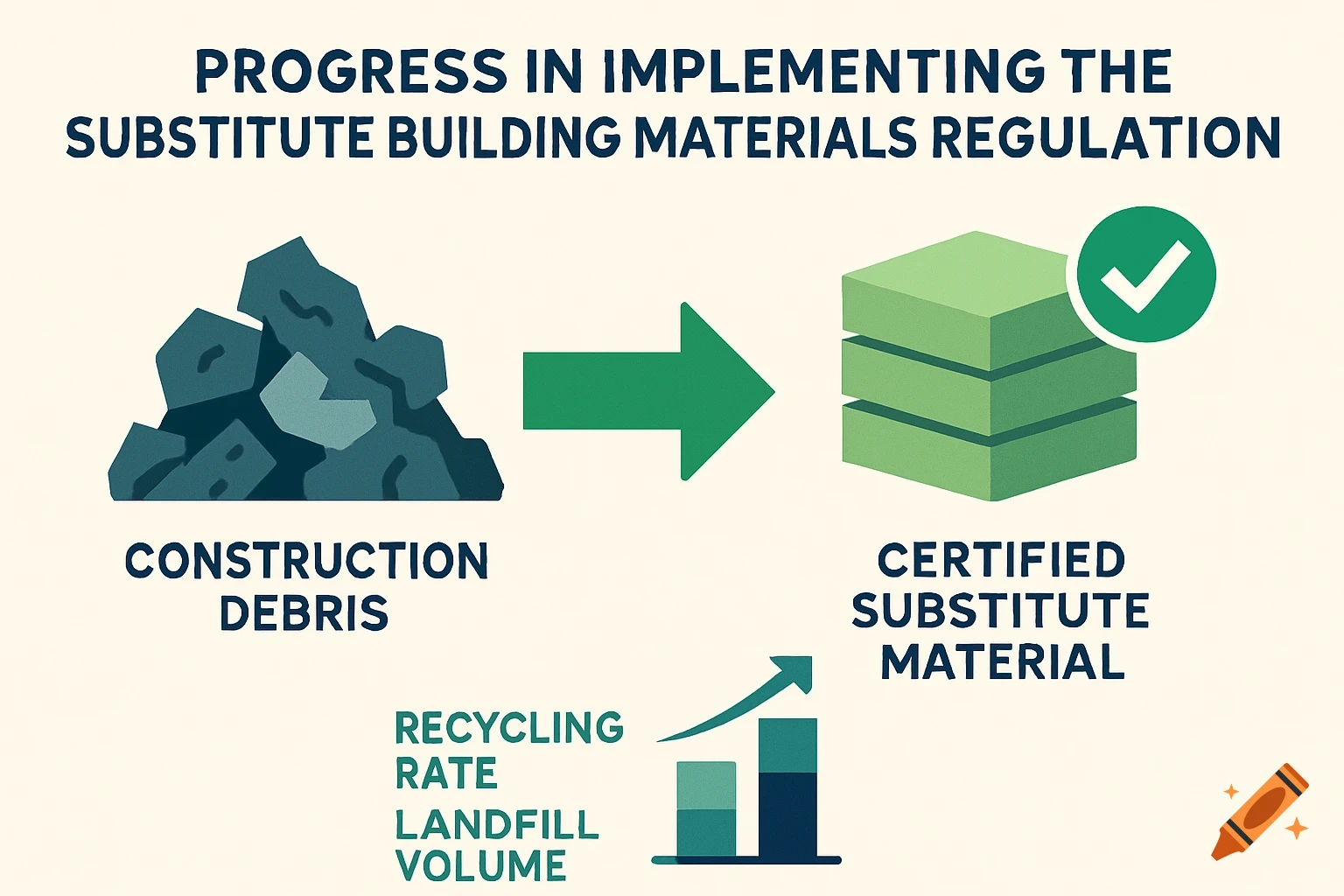 Infographic visualizes progress in building material regulation, showing construction debris transforming into certified substitute material, with a graph indicating increased recycling.