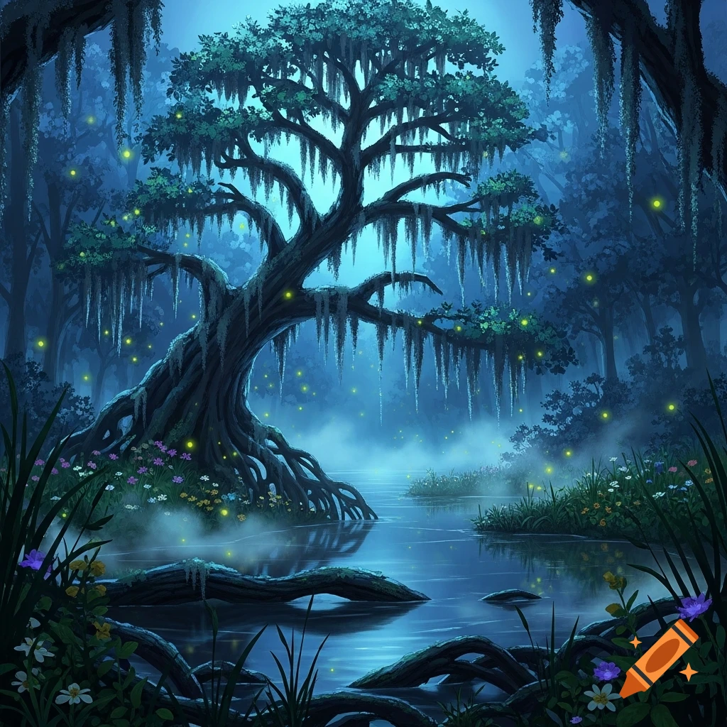A dark, mystical swamp illustration with a gnarled tree covered in Spanish moss, glowing fireflies, mist, and calm water.