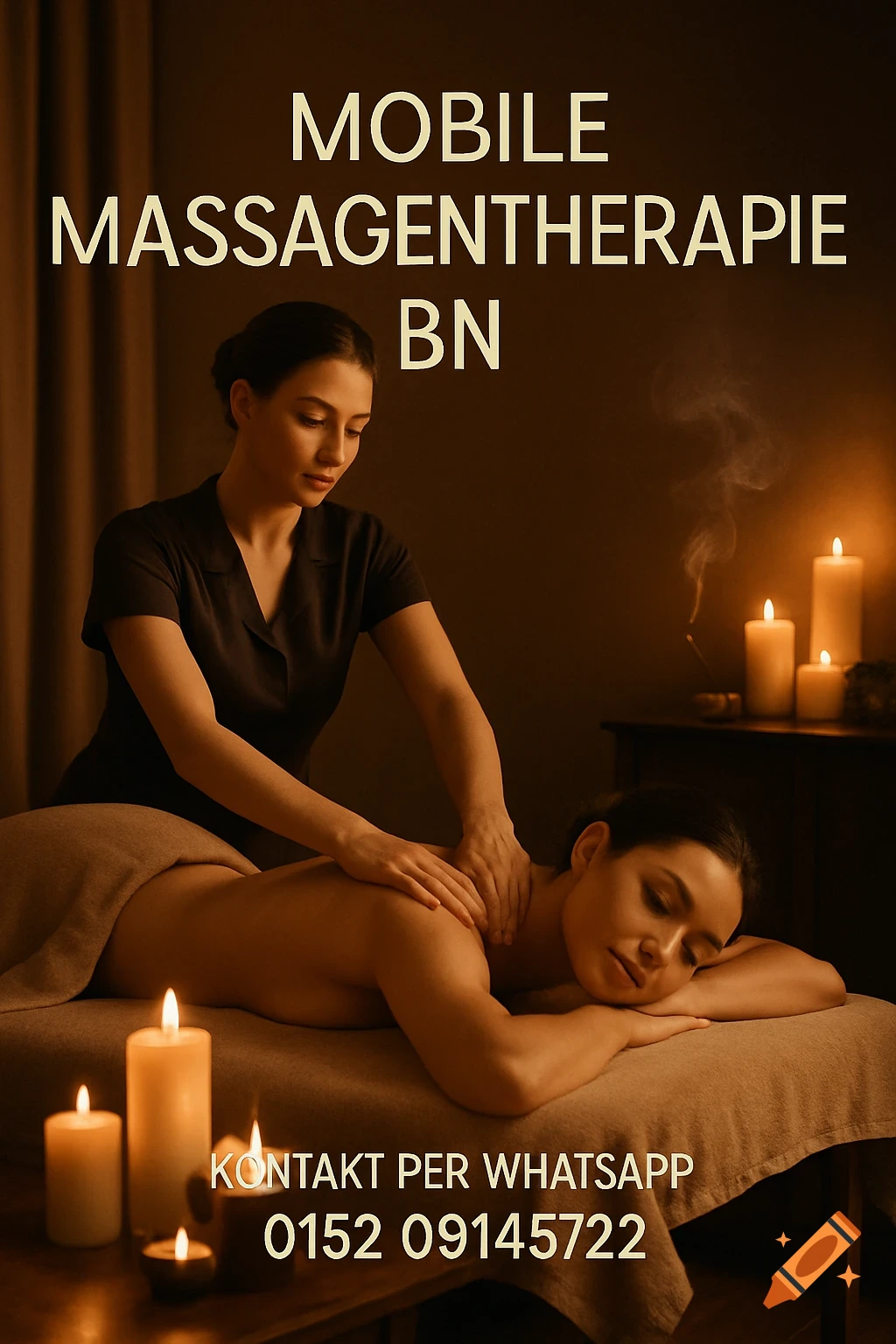 Two women in a candlelit spa, one giving a back massage. Text advertises 'Mobile Massagentherapie BN' and contact information.