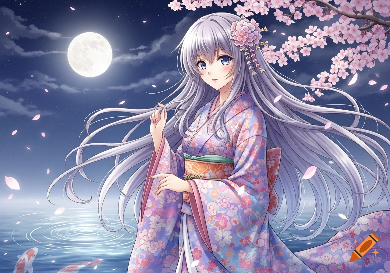 Anime girl with silver hair and blue eyes in a pink floral kimono, standing by water with koi fish and cherry blossoms under a full moon.