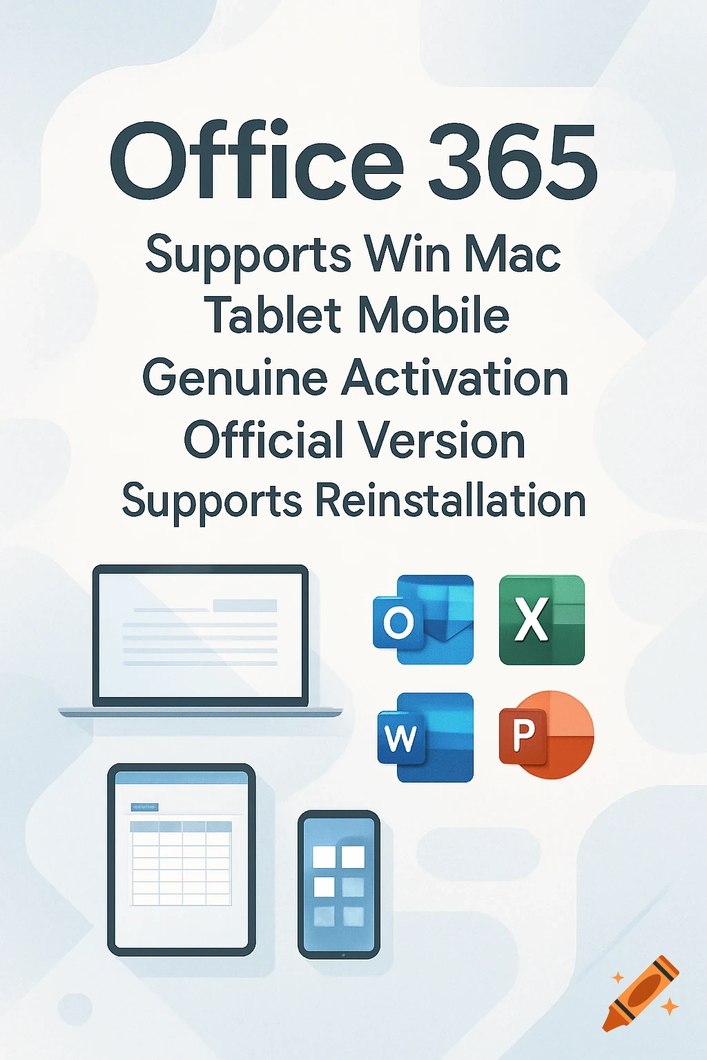 Office 365 advertisement with laptop, tablet, phone, and icons for Outlook, Excel, Word, PowerPoint.