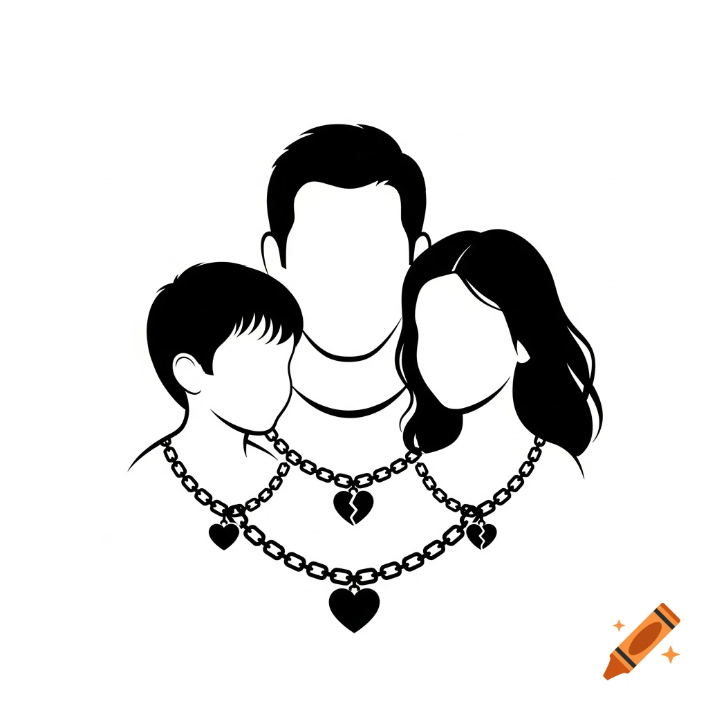 A black and white high-contrast silhouette illustration of a father, son, and daughter, linked by chains with hearts, some broken.