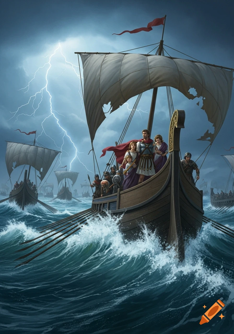 Aeneas, his family, and companions on ancient ships navigate a stormy sea with lightning, amidst towering waves.
