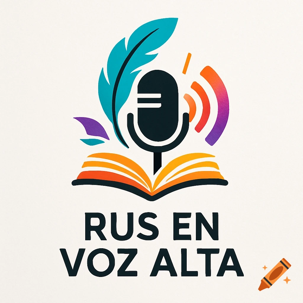 A vibrant, modern logo features a microphone emerging from an open book, flanked by a teal feather and colorful sound waves. Below, the text reads "RUS EN VOZ ALTA".