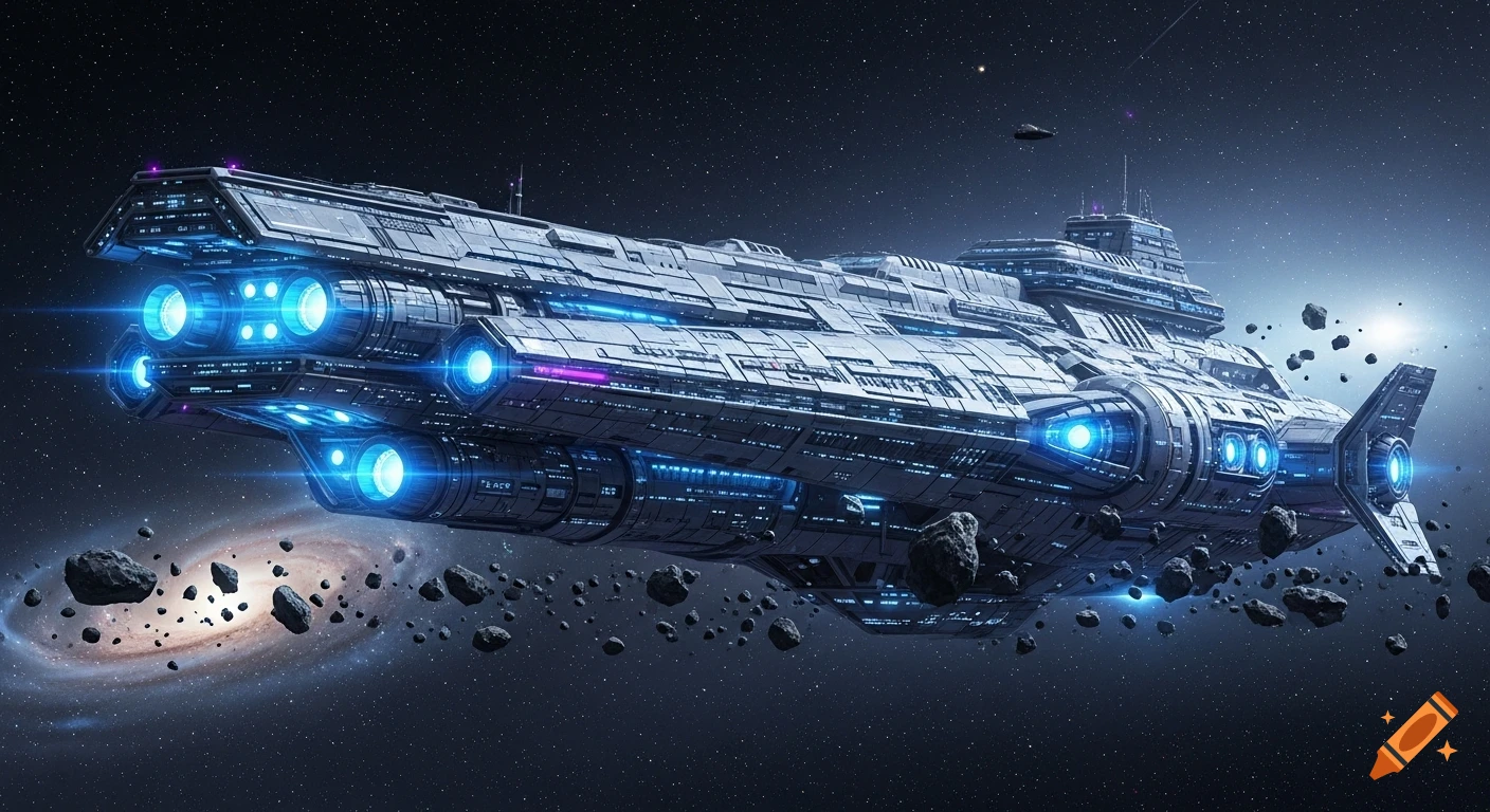 Detailed futuristic spaceship with glowing blue engines flying through an asteroid field with a spiral galaxy in the background.