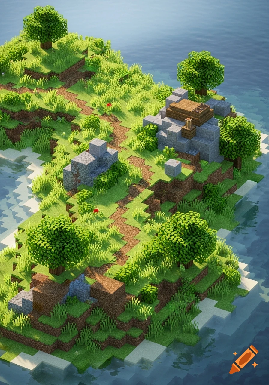 A detailed Minecraft-style isometric view of a lush green island with natural paths, trees, and a small stone structure surrounded by clear blue water.