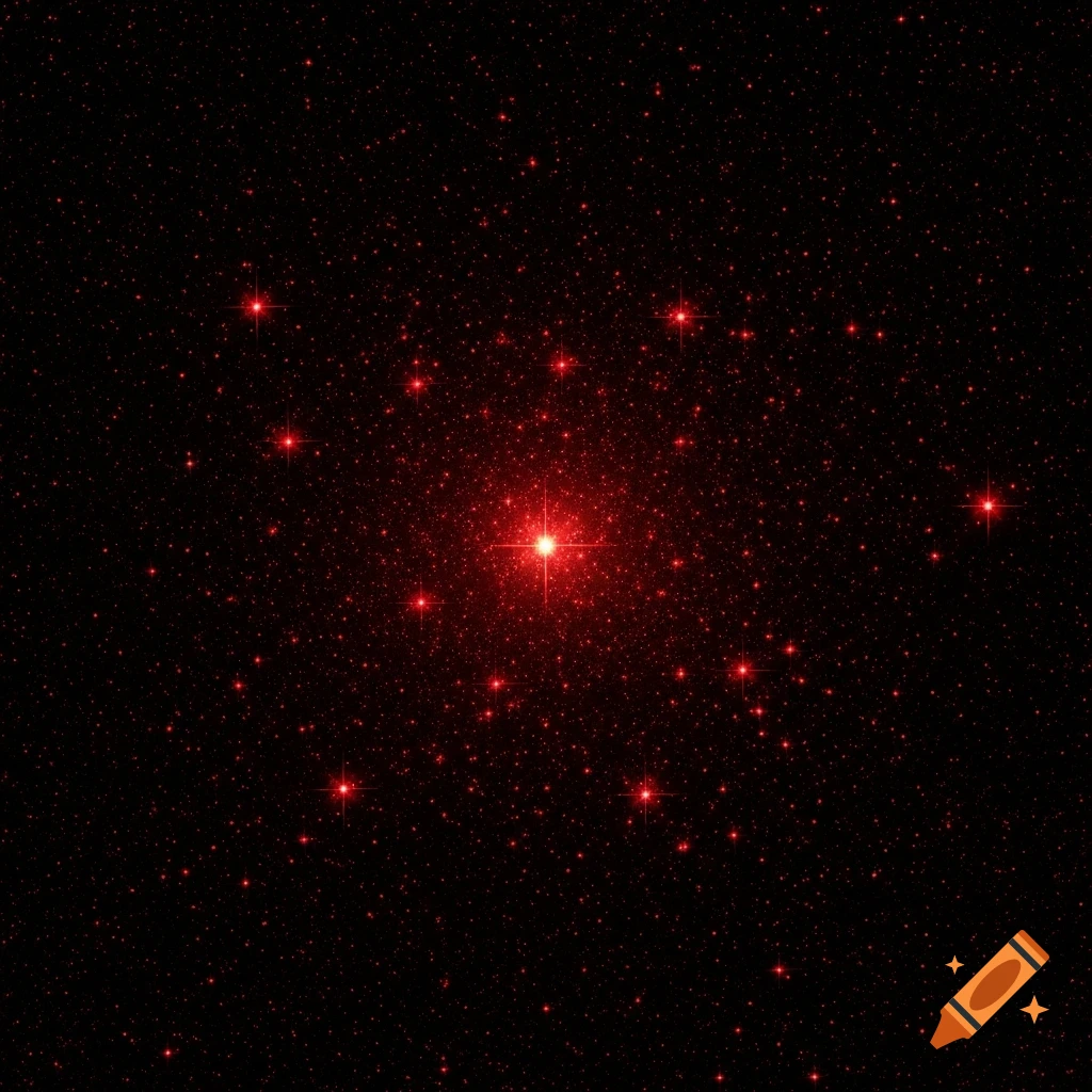 Bright red stars and numerous smaller glowing points create a chaotic, asymmetric pattern in dark space, concept art.