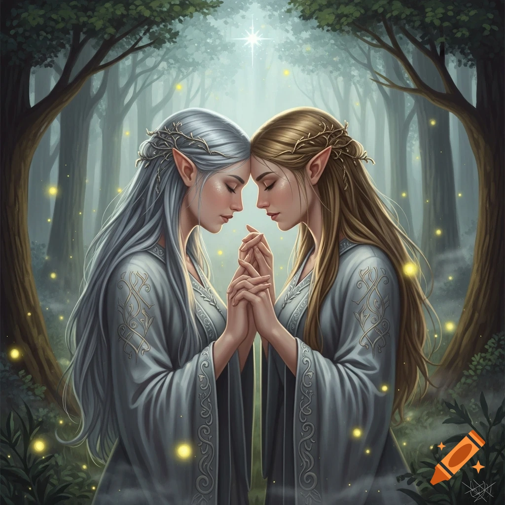 Two elvish women with silver and gold hair, heads together, holding hands in an enchanted forest with glowing lights.