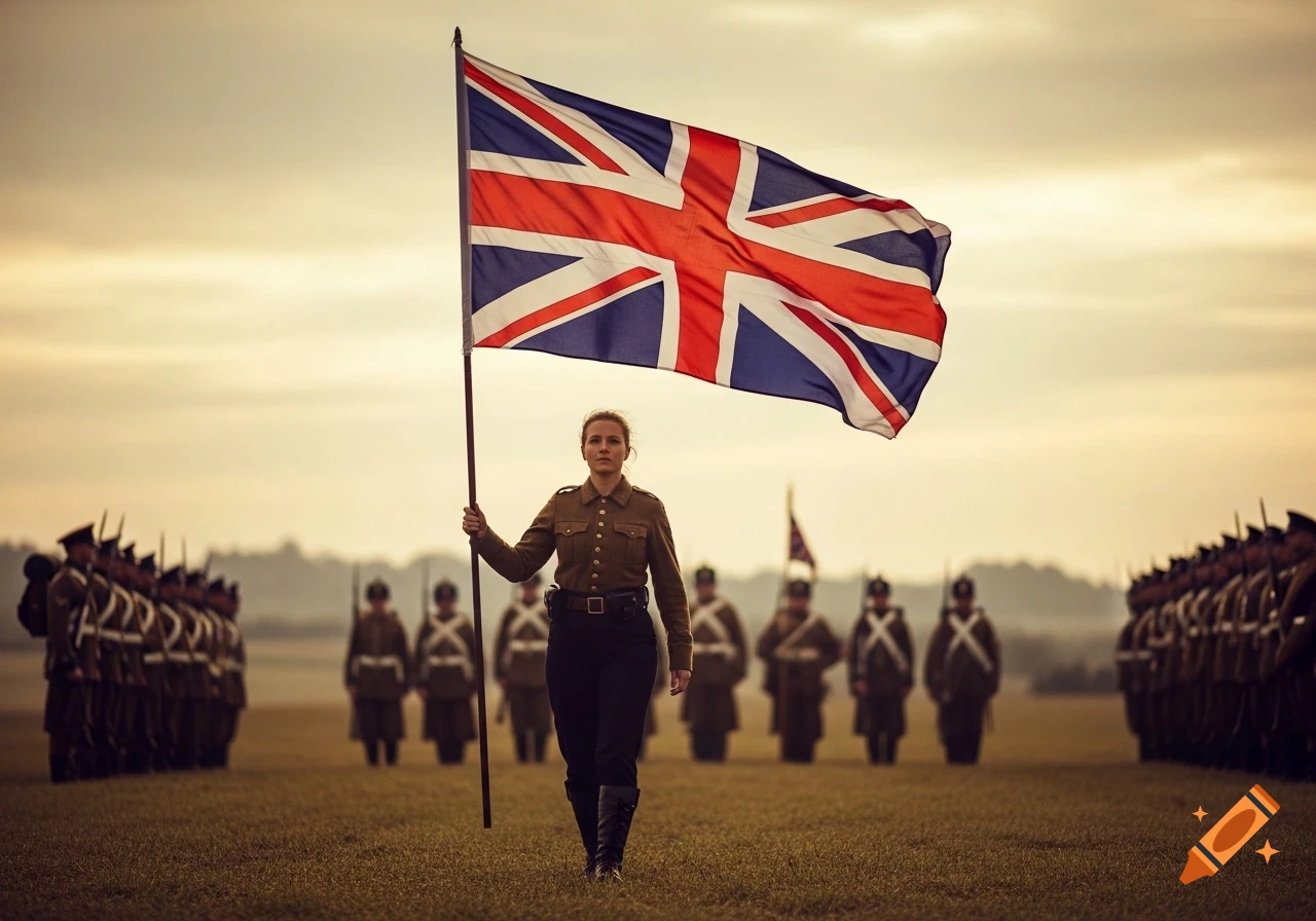 A woman in military uniform holds a Union Jack flag, walking in a field with blurred soldiers in the background under a cloudy sky.
