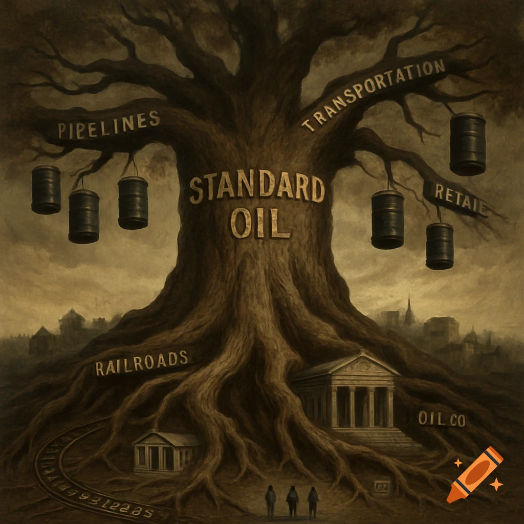 A sepia-toned allegorical painting depicts Standard Oil as a massive, gnarled tree with roots encompassing buildings and a railroad track, and branches labeled with aspects of the oil industry. Oil barrels hang from the branches like fruit.