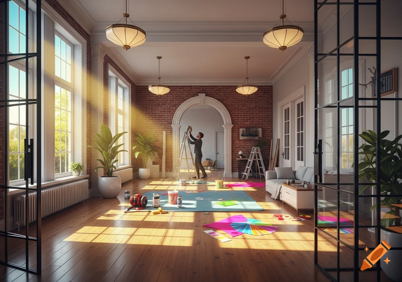 A bright, sunlit room undergoing renovation with a person on a ladder working on a brick wall, surrounded by paint supplies and plants.