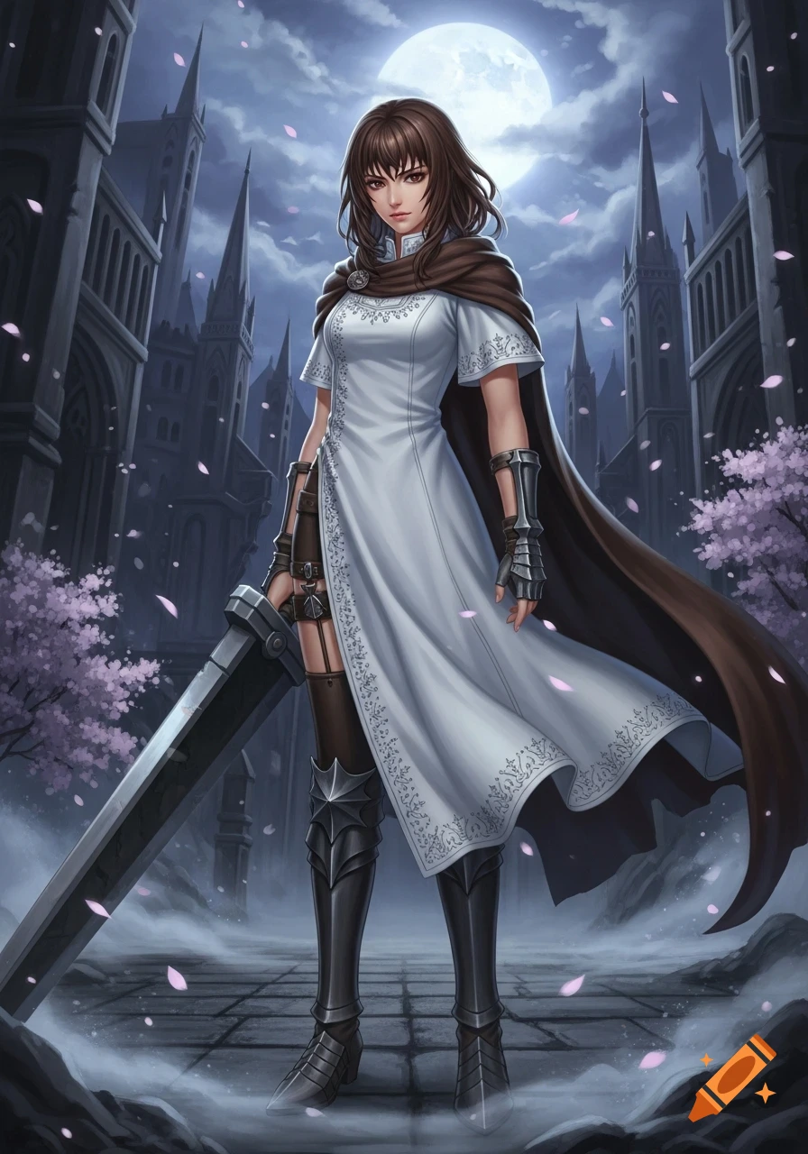 Anime woman in a white dress, brown cape, and armor, holding a large sword in a dark gothic city with a full moon.