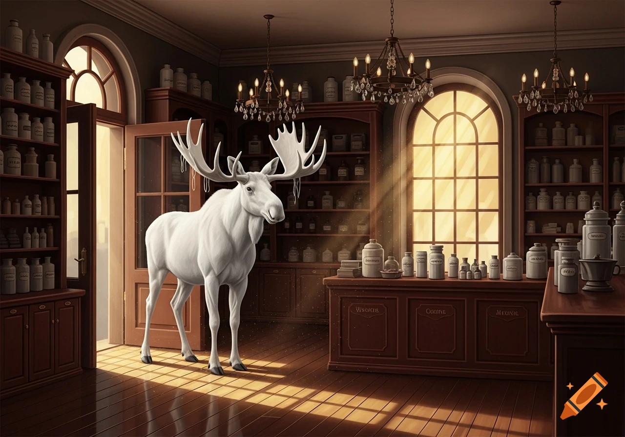 A white moose with large antlers stands inside a vintage pharmacy with wooden cabinets, jars, and sunlight.