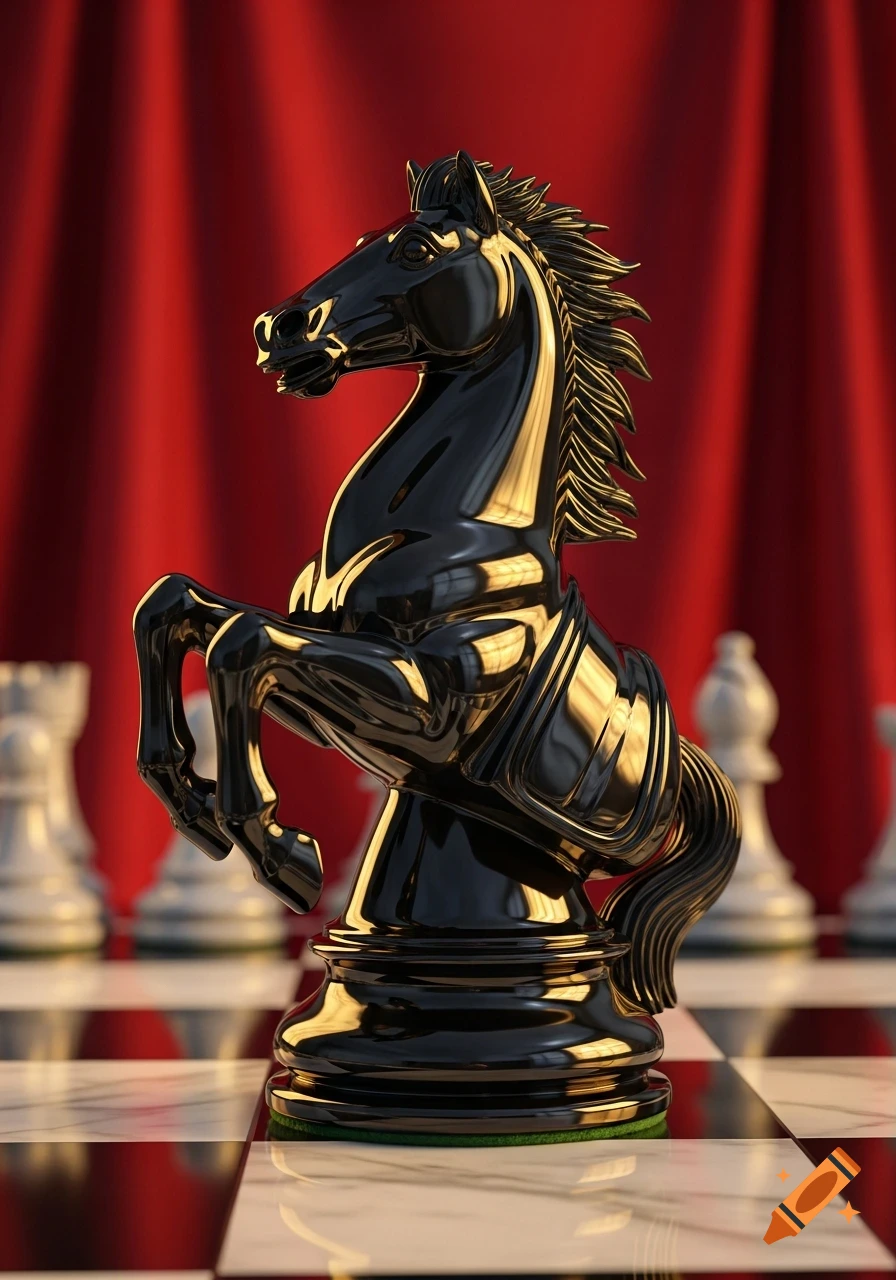 A shiny black chess knight piece stands on a checkered chessboard with a red draped background.