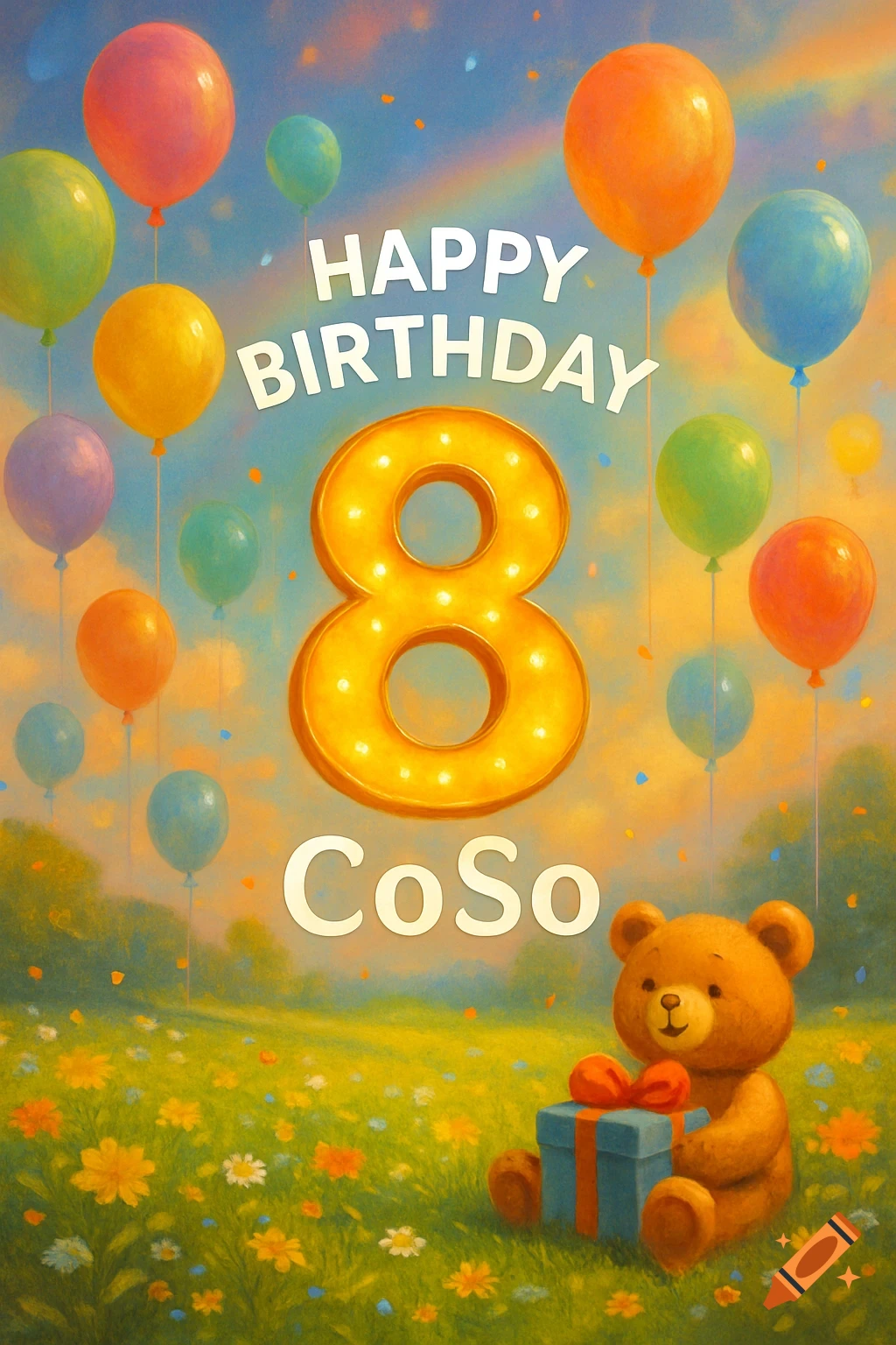 Vibrant illustration with 'Happy Birthday CoSo 8' text, colorful balloons, a teddy bear holding a gift, and a field of flowers.