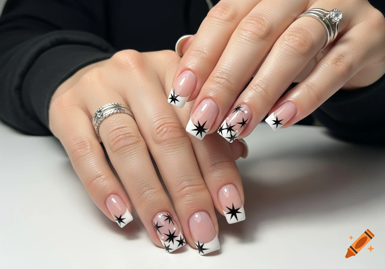 Close-up of a woman's hands with a French square manicure featuring white tips and black star designs.