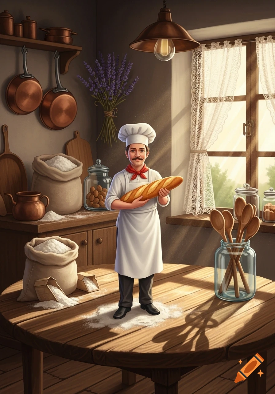 A cartoonish male baker with a mustache stands on a flour-dusted wooden table in a rustic kitchen, holding a baguette, surrounded by sacks of flour and utensils.