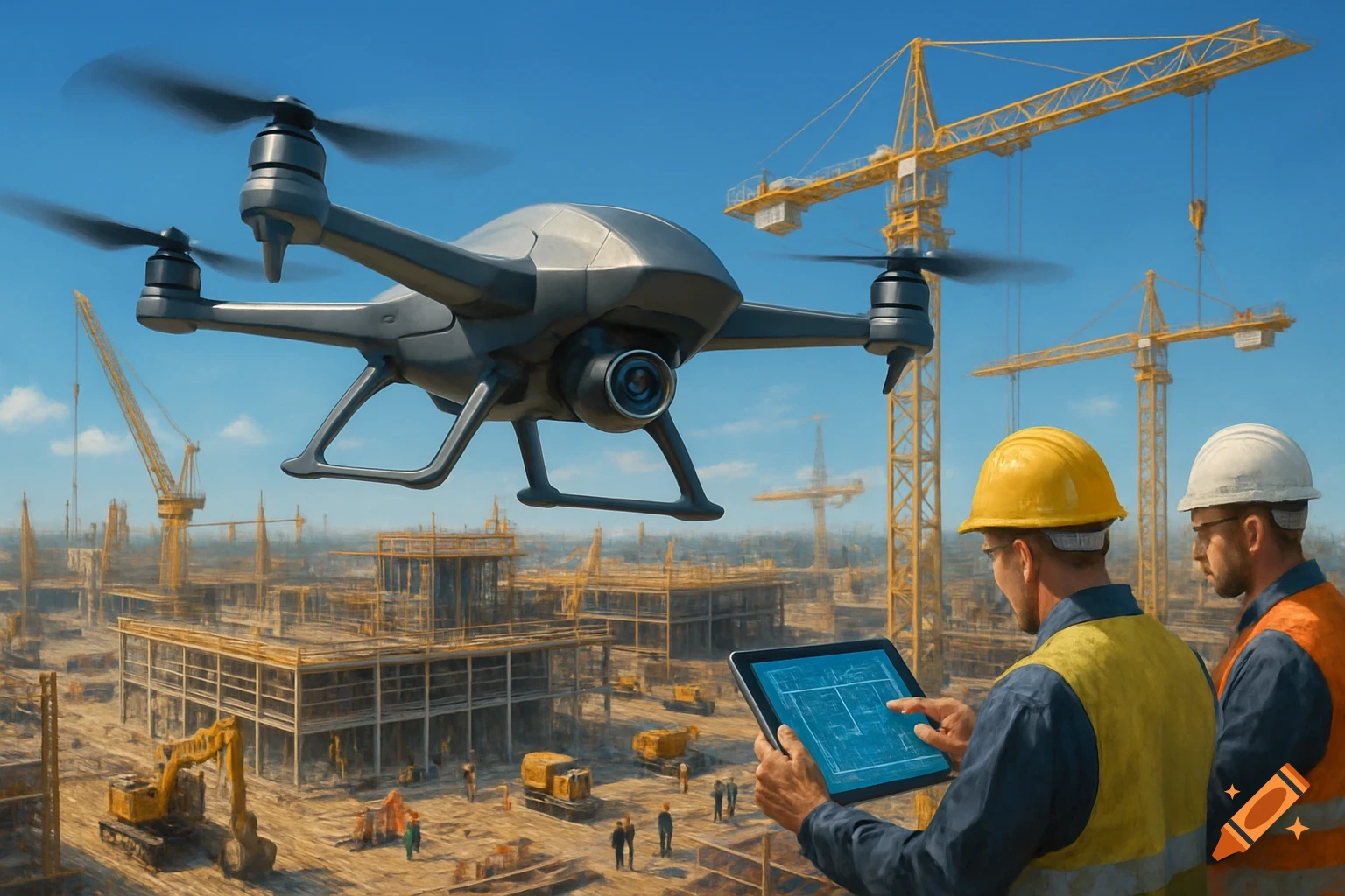 A drone flies over a construction site where engineers use a digital tablet to monitor building progress under a clear blue sky.