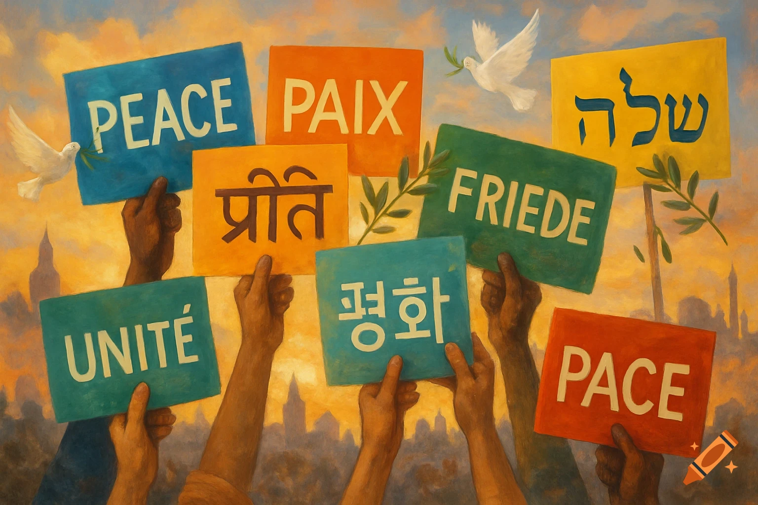 Diverse hands hold signs in various languages for peace and unity, with doves and olive branches, in a painterly style.