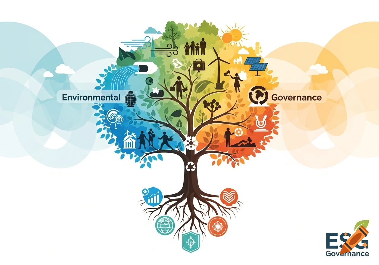 Colorful tree illustration representing ESG (Environmental, Social, Governance) concepts with icons and text.