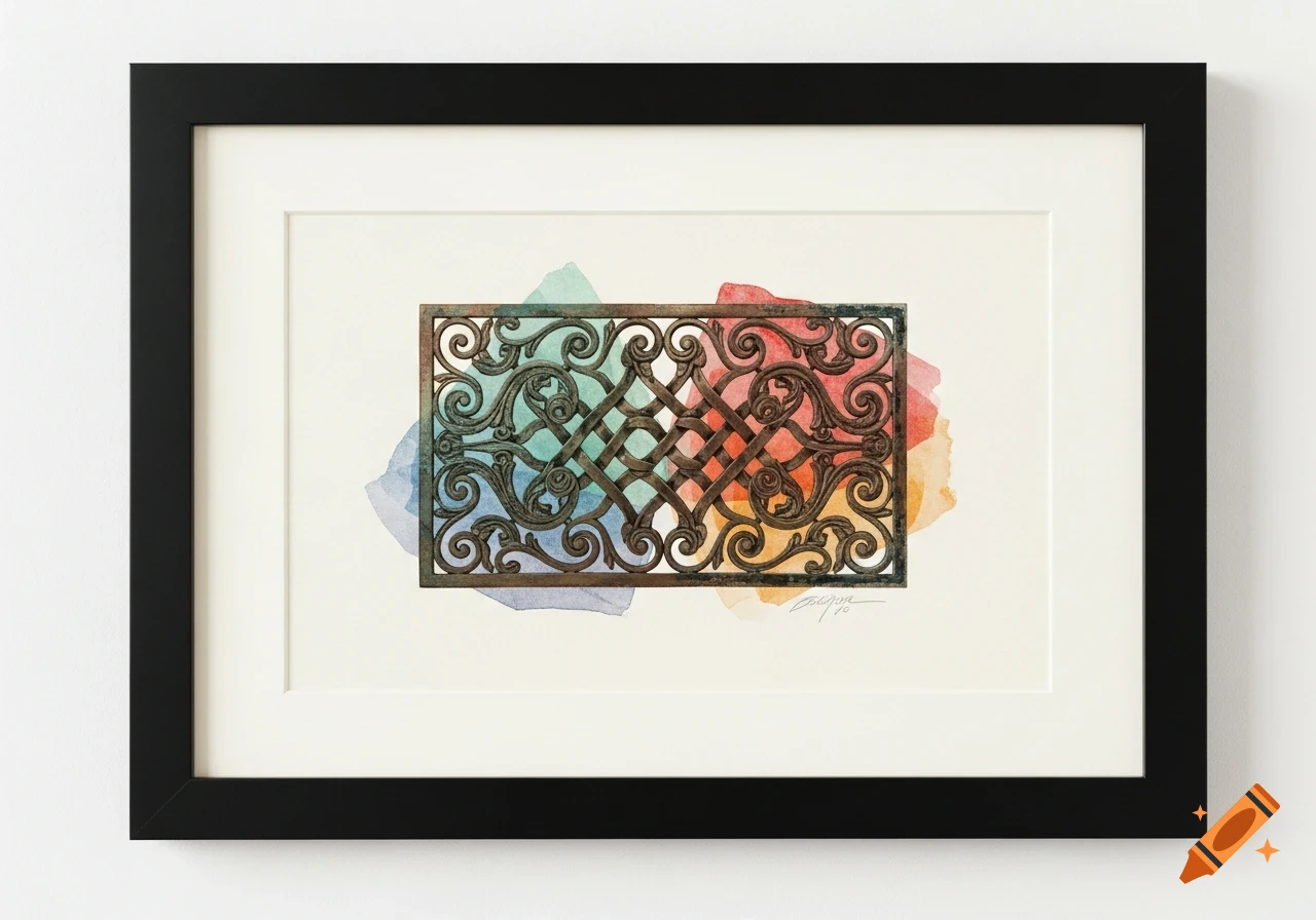 A framed watercolor painting of an ornate rectangular wrought iron grate over colorful abstract washes.
