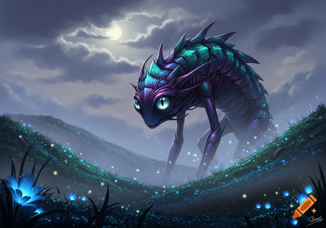 A glowing purple and teal fantasy creature with large eyes stands in a misty field of luminous blue flowers under a full moon, digital art.