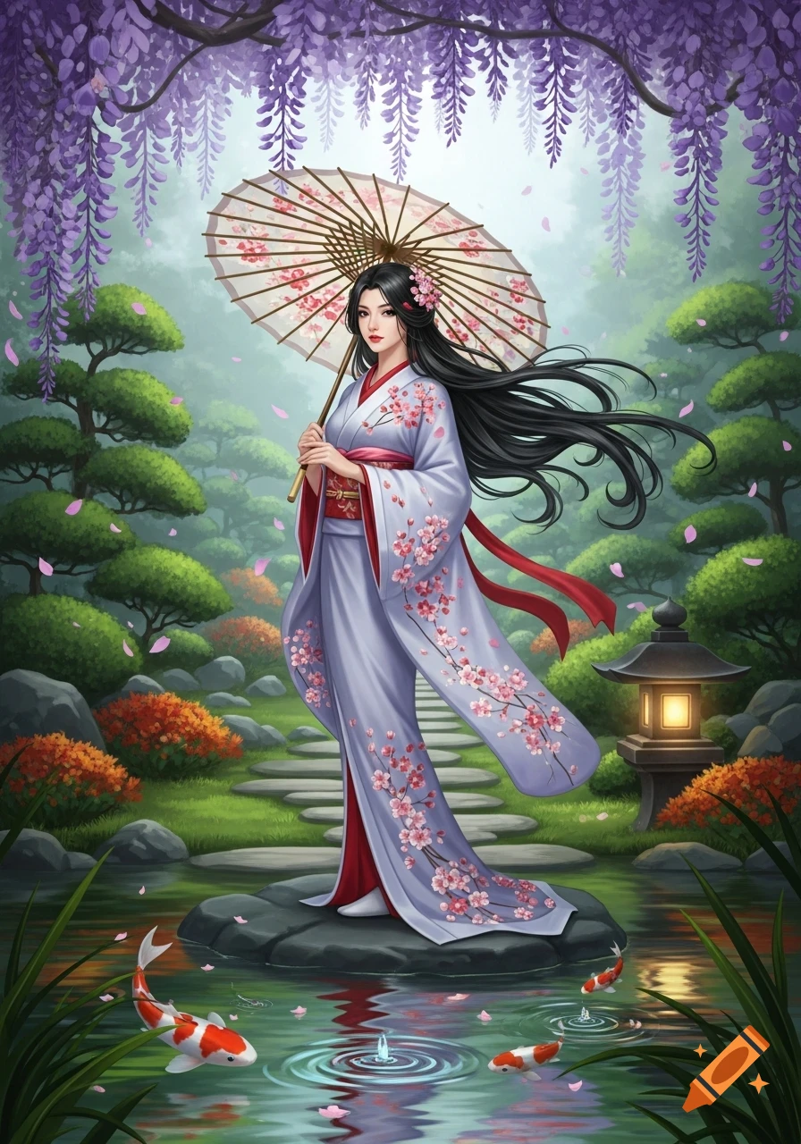 An illustrated woman in a kimono holding an umbrella in a Japanese garden with wisteria and a koi pond.