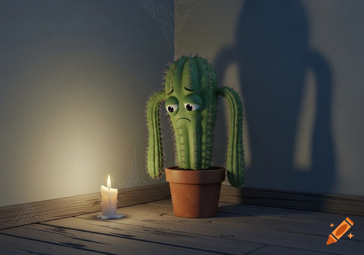 An animated sad cactus in a pot sits in a dark corner next to a lit candle, with spiderwebs on the wall.
