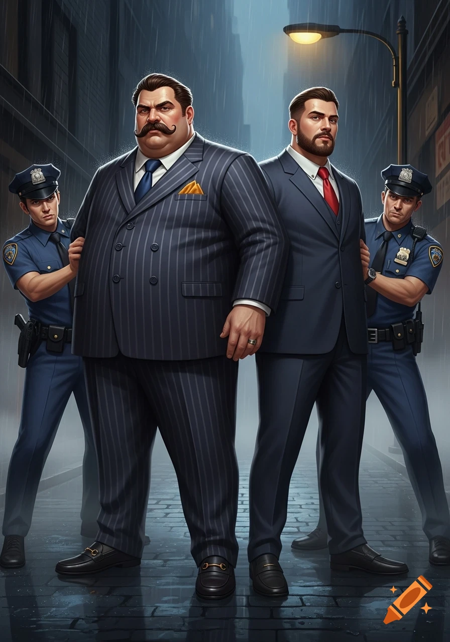 Two men in suits, one large with a mustache and another with a beard, are being led by two police officers in a rainy city street at night. The ground is wet and reflective.