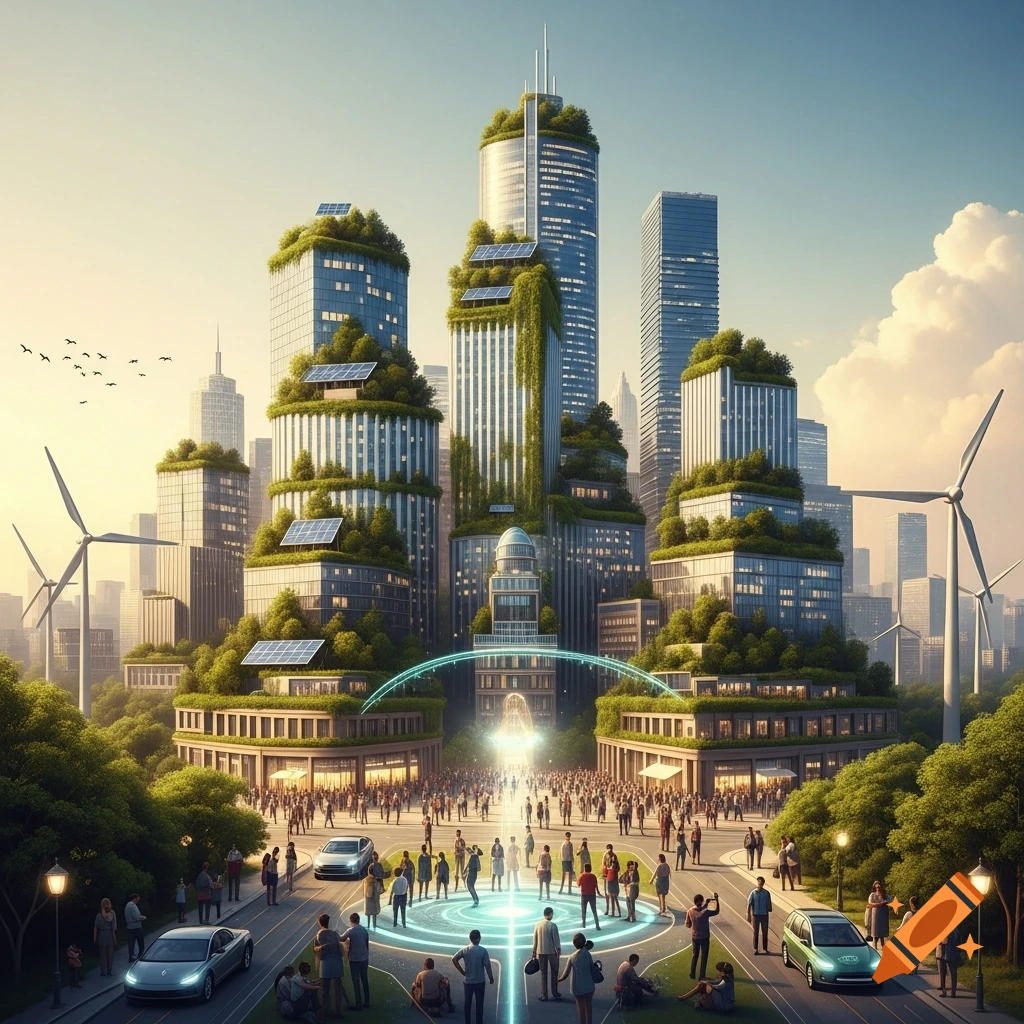 A vibrant, futuristic city skyline featuring green skyscrapers, solar panels, and wind turbines, with crowds gathering below.