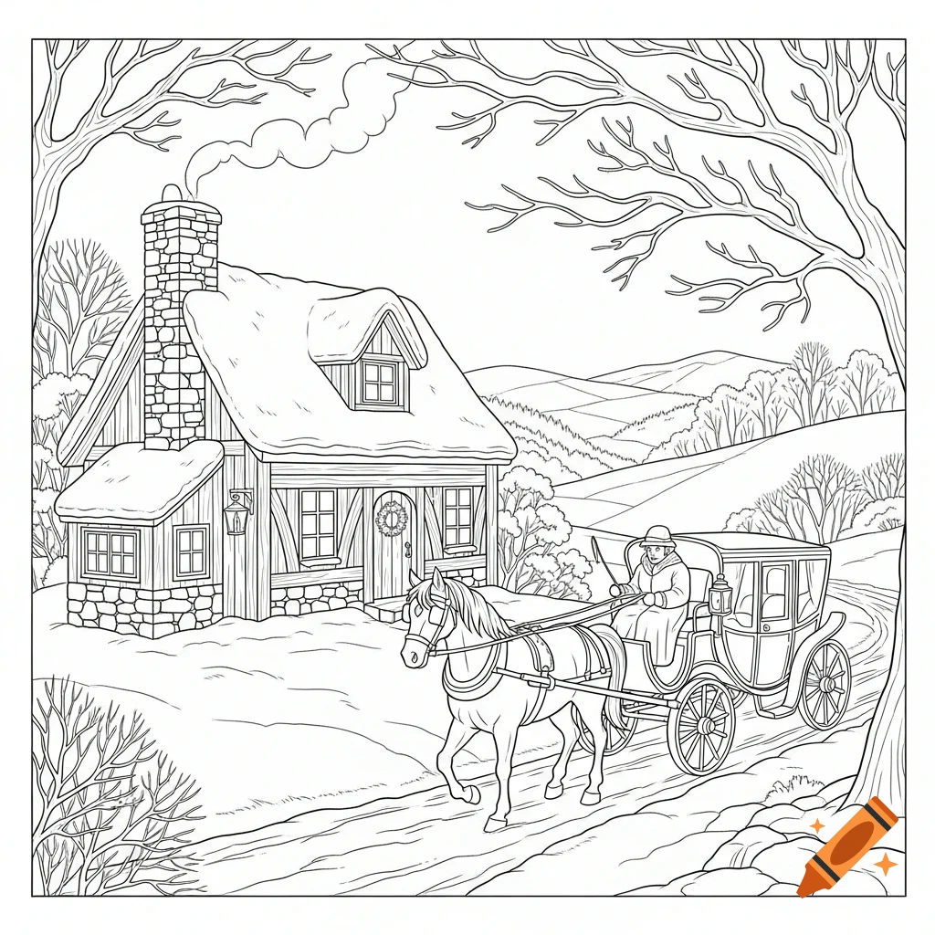 A line drawing coloring page of a snow-covered cottage, with a horse-drawn carriage traveling down a snowy lane.
