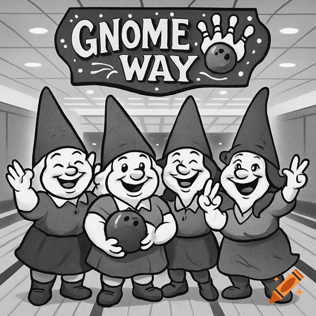 A black and white cartoon shows four smiling lady gnomes in a bowling alley, one holding a ball, under a 'Gnome Way' sign.