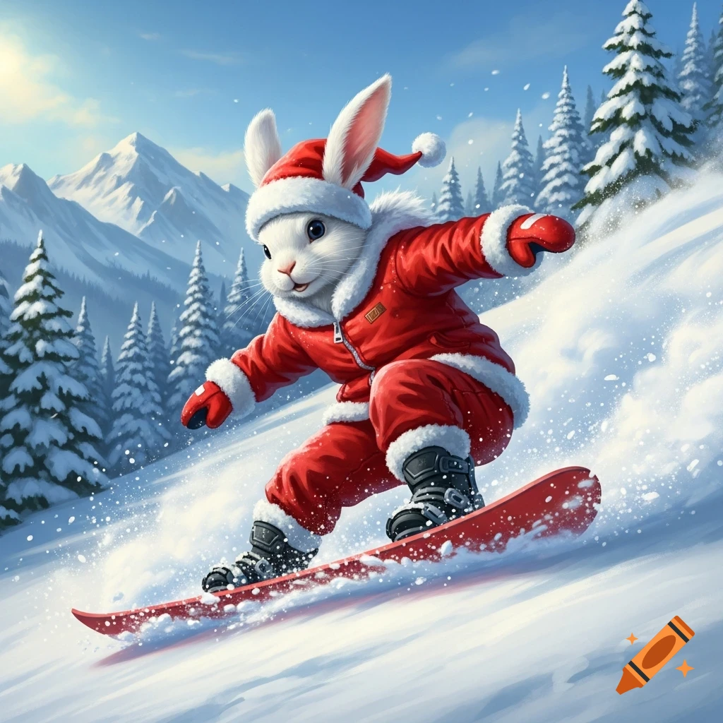 A white rabbit in a Santa Claus outfit snowboarding down a snowy mountain with pine trees.