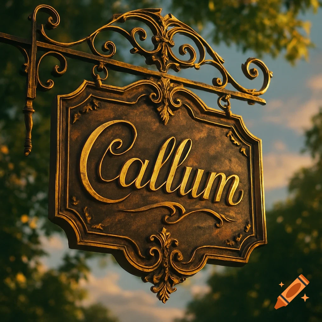 An ornate, hanging golden sign with 'Callum' in script lettering, set against a blurred background of green trees and a cloudy sky.