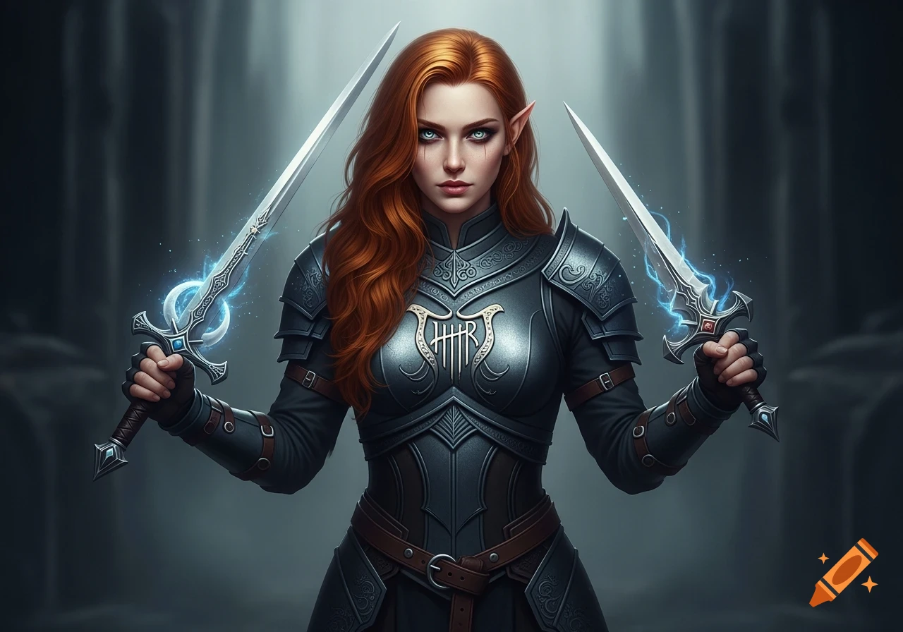 A hauntingly beautiful female elf warrior with long red hair, wearing detailed dark armor and holding two glowing swords, stares intensely.