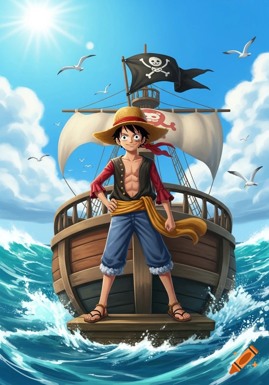 Anime illustration of Luffy from One Piece standing on his pirate ship sailing on a rough ocean under a sunny blue sky.