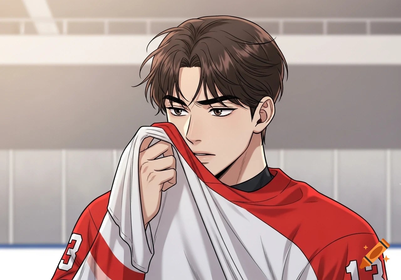 A Korean manhwa-style illustration of a male hockey player with brown hair wiping his face with his red and white jersey, number 13, on a rink.