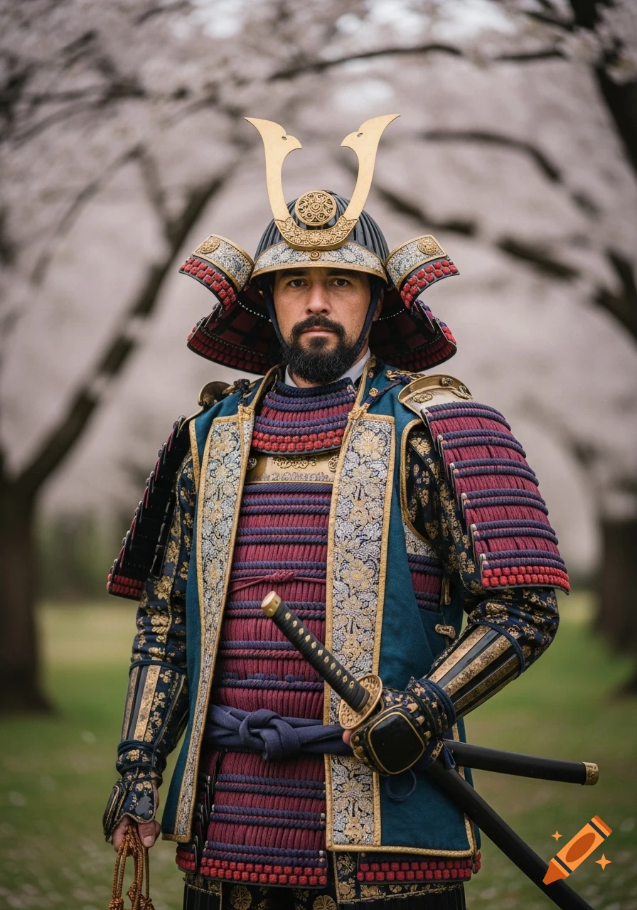 A man with a beard in ornate samurai armor, holding a katana, stands in a park with cherry blossom trees.