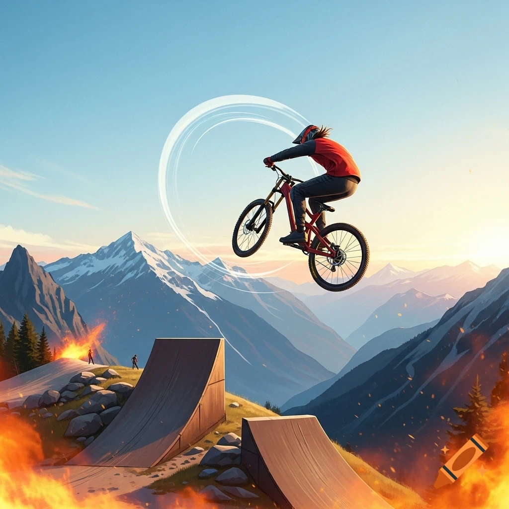 Stylized downhill biker jumps over ramps in a scenic mountain landscape at sunset.