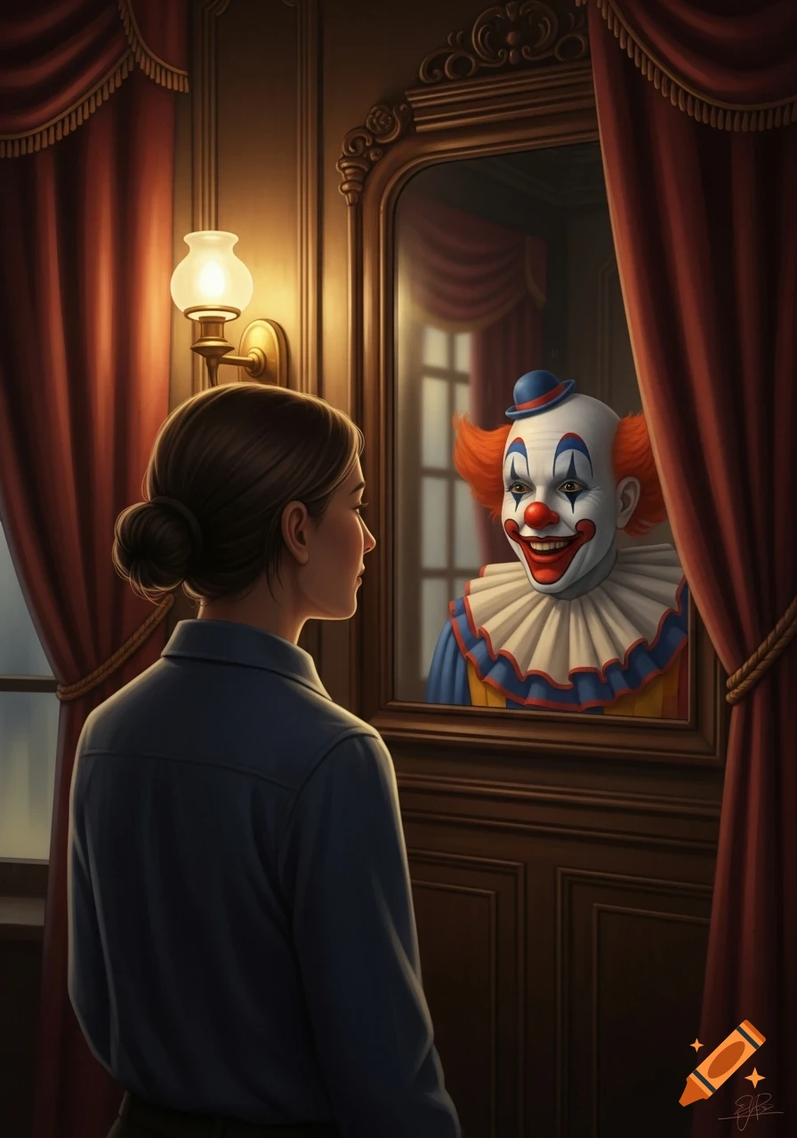 A woman views her reflection in a mirror, which is a smiling clown in full makeup and a ruff, in a richly decorated room.