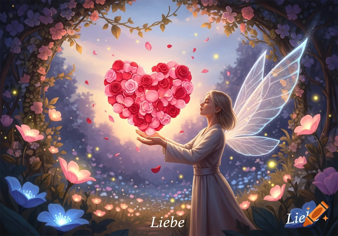A fairy with glowing wings holds a heart of roses in a magical forest with glowing flowers, 'Liebe' text.