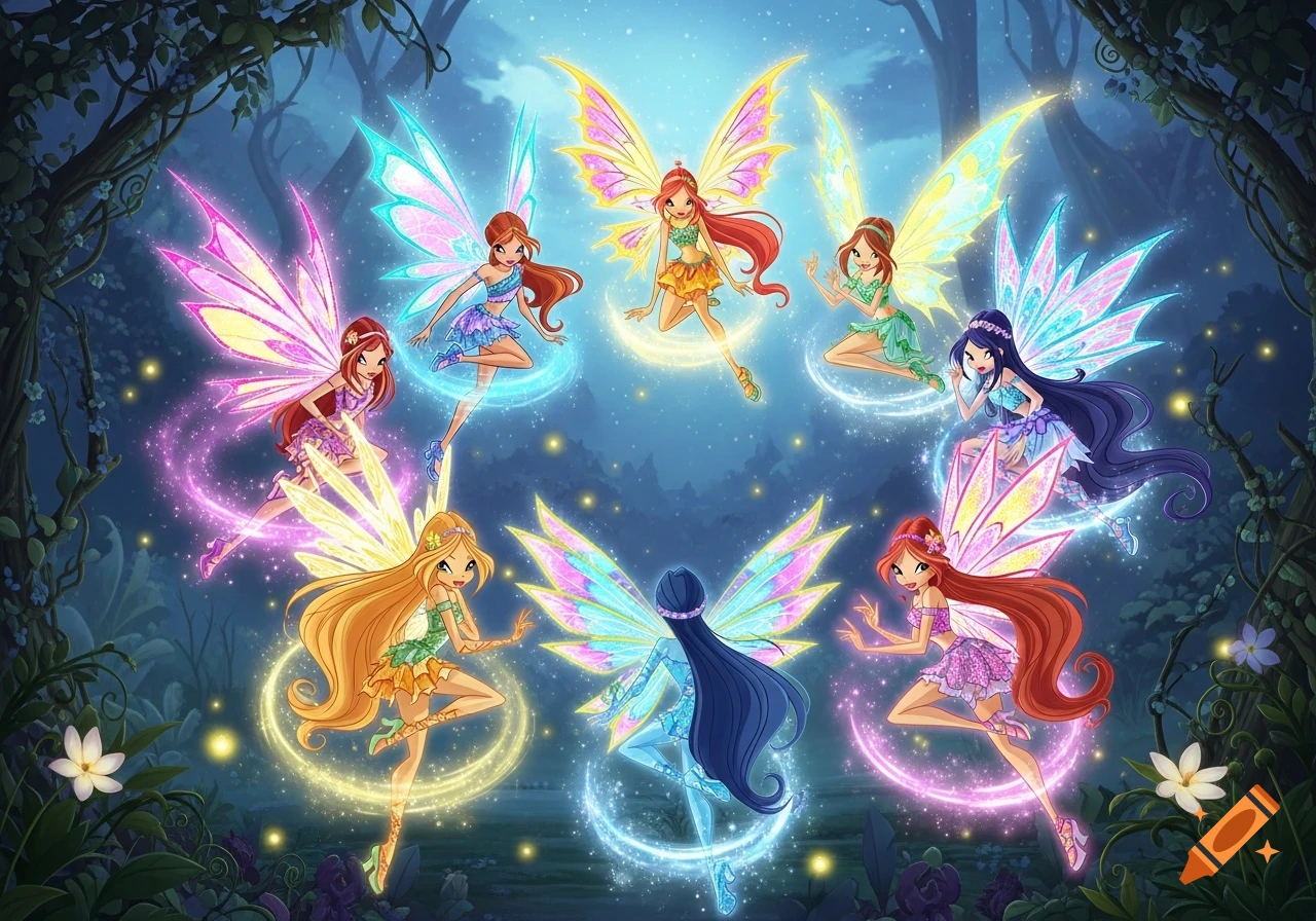 Seven animated magical fairies with large, colorful wings and glowing auras fly in a dark, enchanted forest.