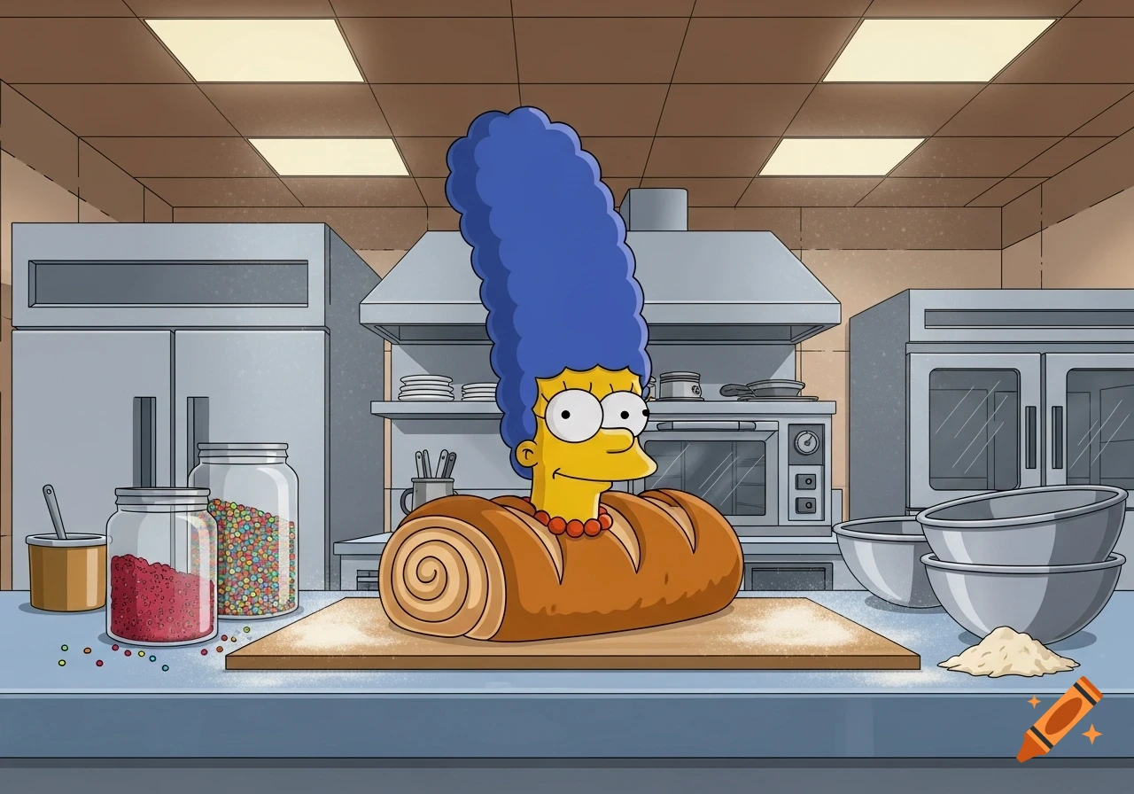 Marge Simpson's head emerges from a loaf of bread on a baker's workbench in a cartoon kitchen, in the style of The Simpsons.