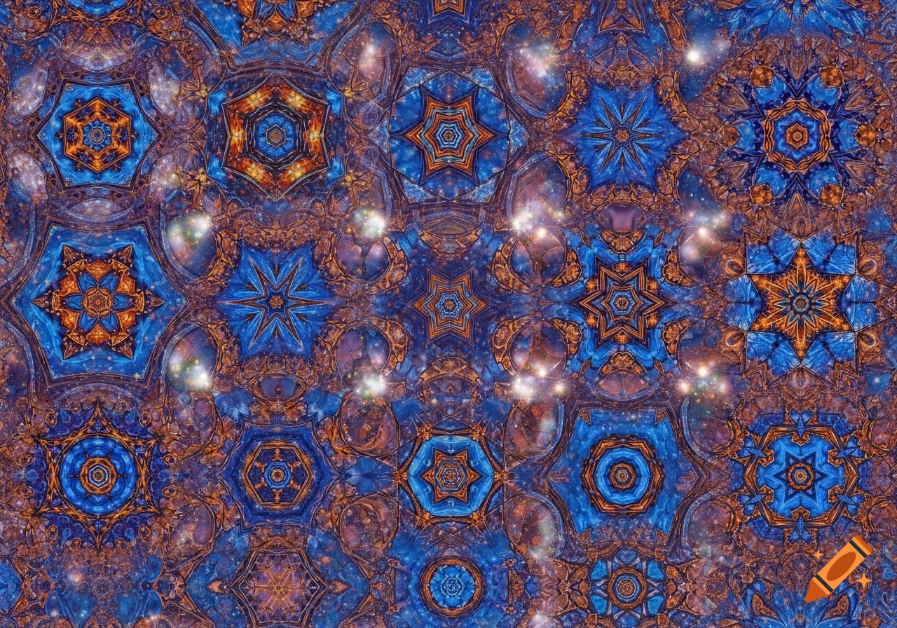 A detailed kaleidoscopic pattern in shades of blue and orange, featuring symmetrical star-like shapes and glowing specks, creating a fractal-like texture.