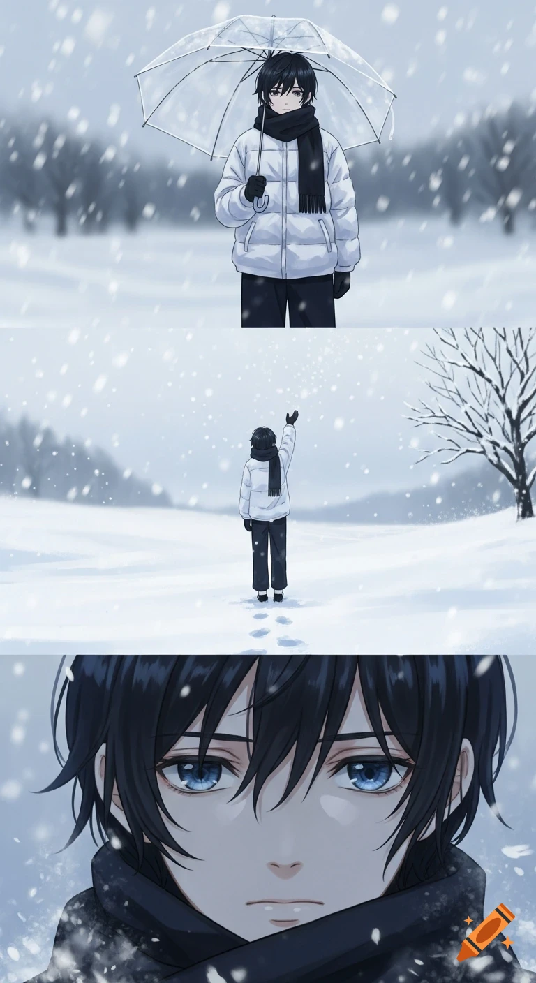 Anime character in a white puffer jacket in three panels, showing them sad and alone in a snowy field, holding an umbrella, with a close-up on their melancholic eyes.