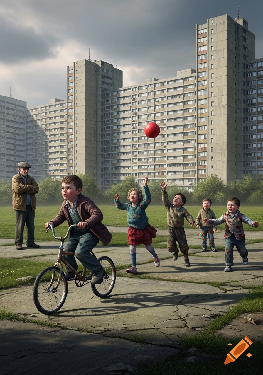 Several scruffy children play with a red ball and a bicycle in front of tall, concrete apartment buildings, as an old man watches from a distance.